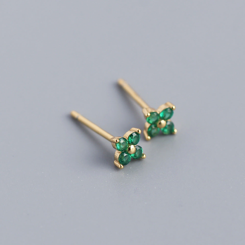 Wholesale Simple Diamond S925 Silver Four-leaf Flower Sweet Small Colorful Flower Earrings